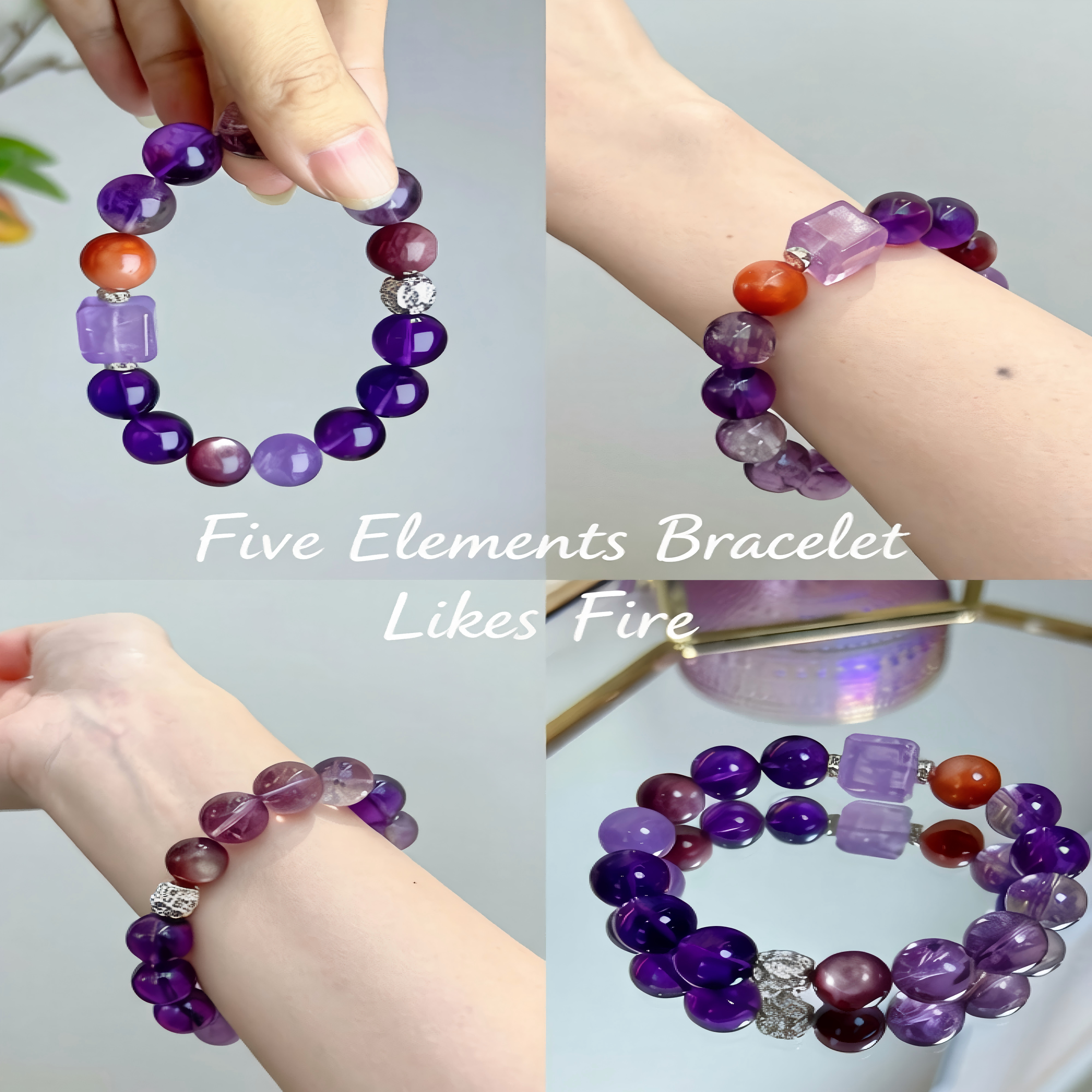 Natural Amethyst, Lepidolite & Red Rabbit Hair Quartz Double-Layer Bracelet with Silver Accents