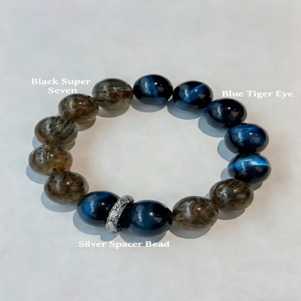 Natural Black Super Seven & Blue Tiger's Eye Bracelet with Silver Spacer Bead
