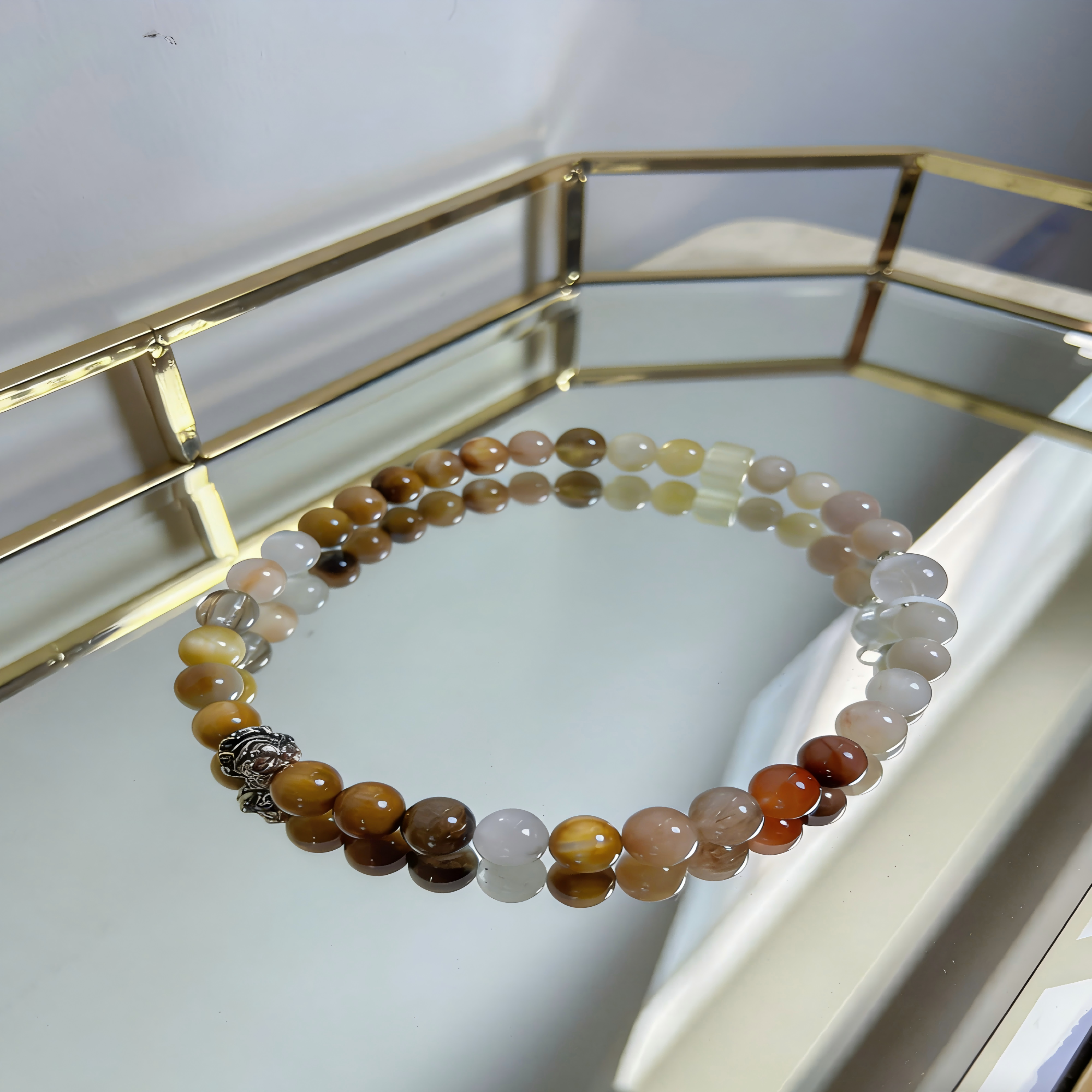 Natural Golden Rutilated Quartz, Rabbit Hair Quartz & White Phantom Quartz Double-Layer Bracelet with Silver Accents
