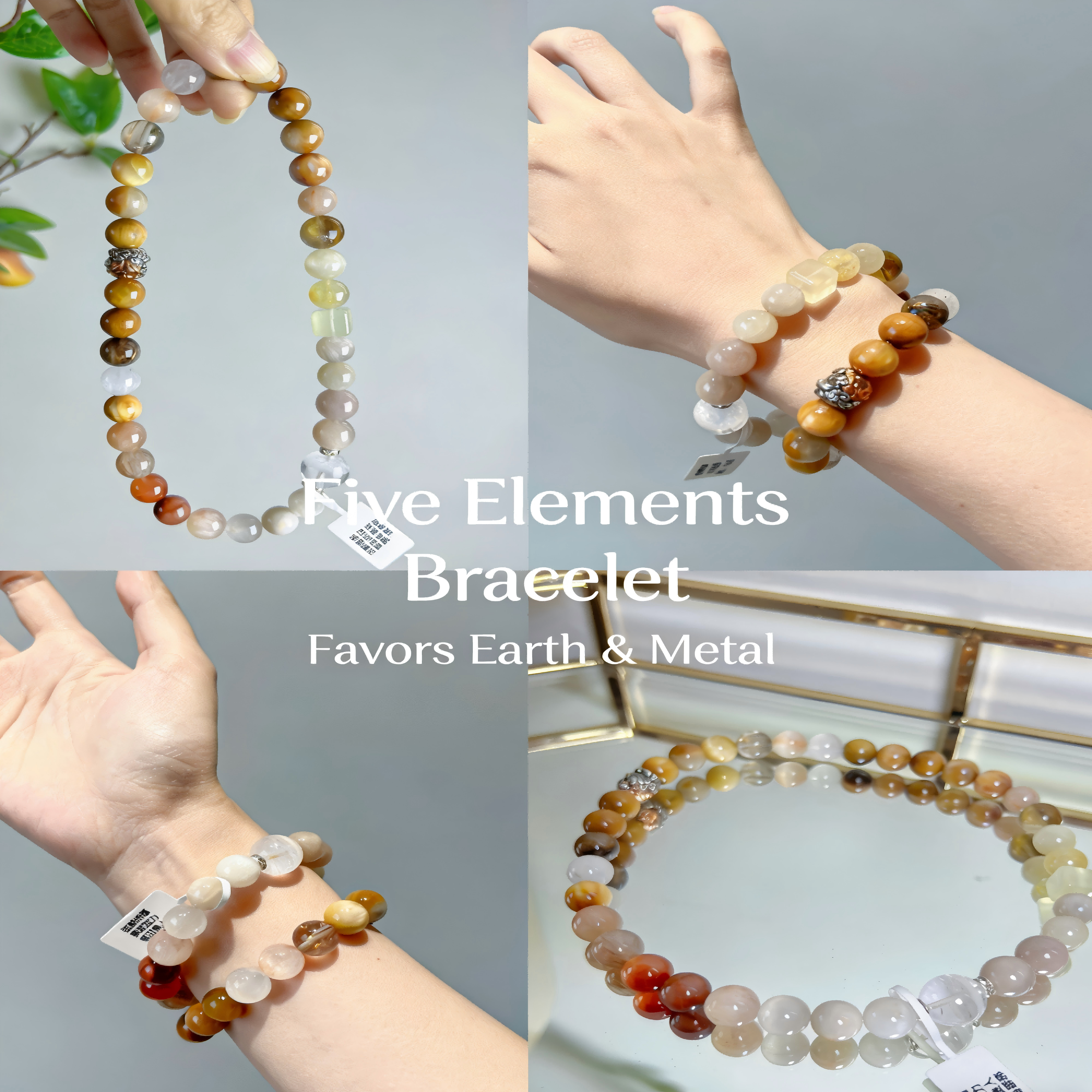 Natural Golden Rutilated Quartz, Rabbit Hair Quartz & White Phantom Quartz Double-Layer Bracelet with Silver Accents