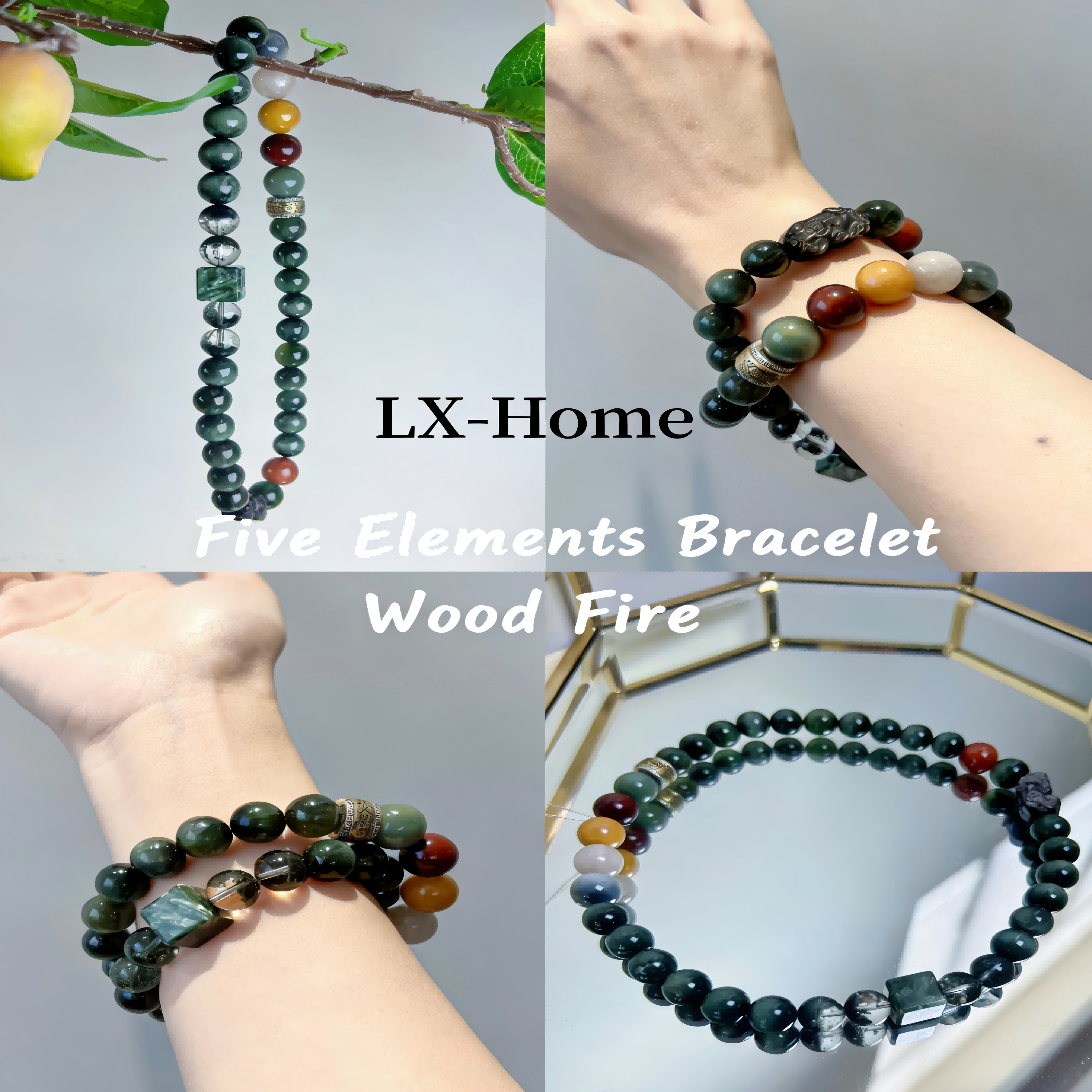 Natural Green Jade Pixiu Beaded Bracelet with Agate & Moonstone