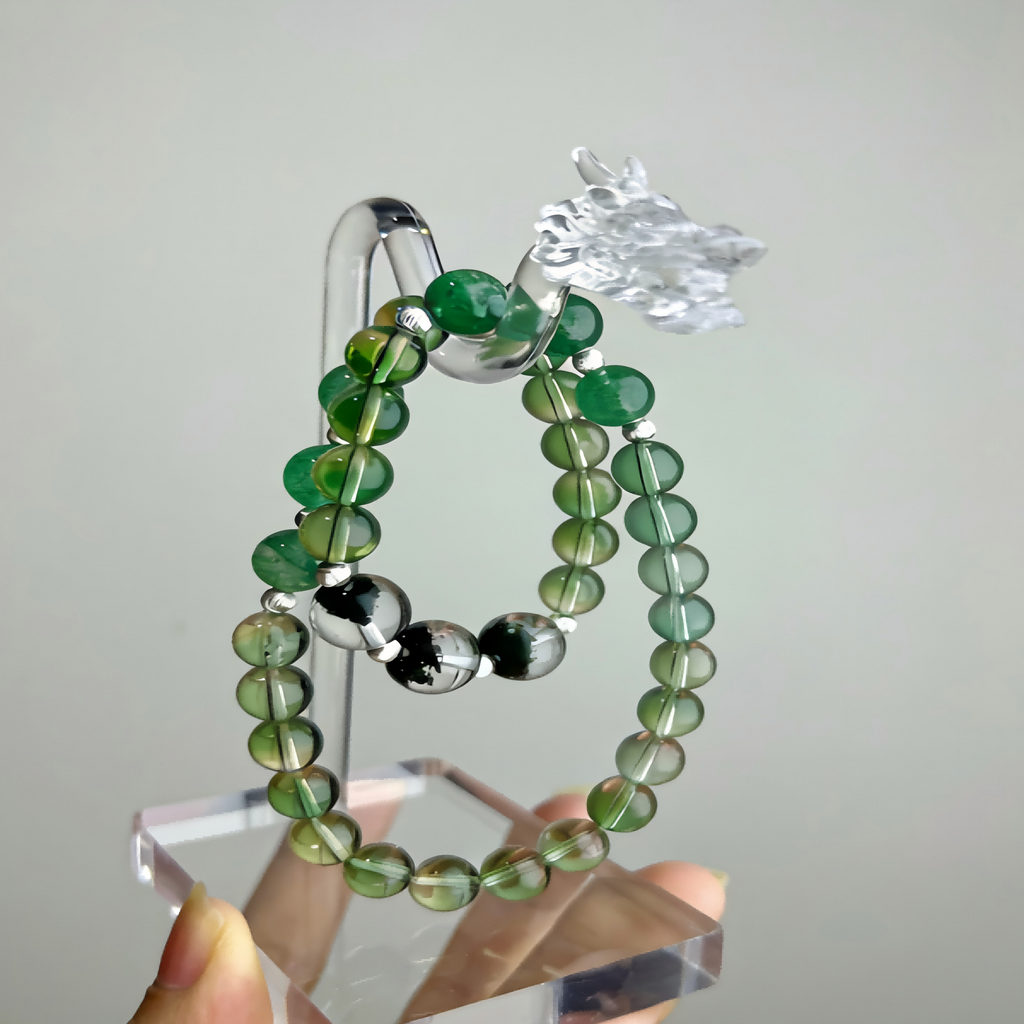 Natural Green Phantom Quartz & Black Rutilated Quartz Beaded Necklace