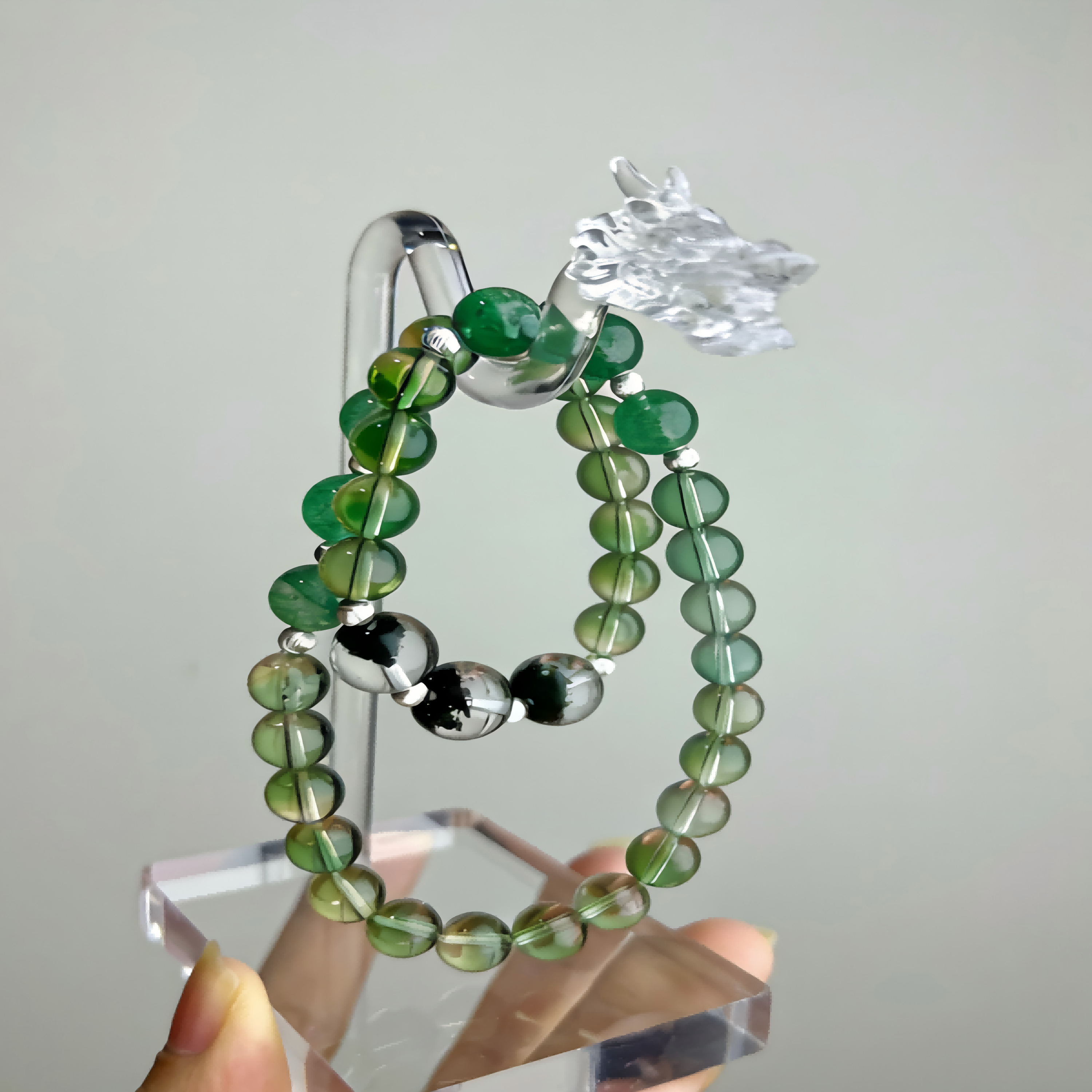 Natural Green Phantom Quartz & Black Rutilated Quartz Beaded Necklace