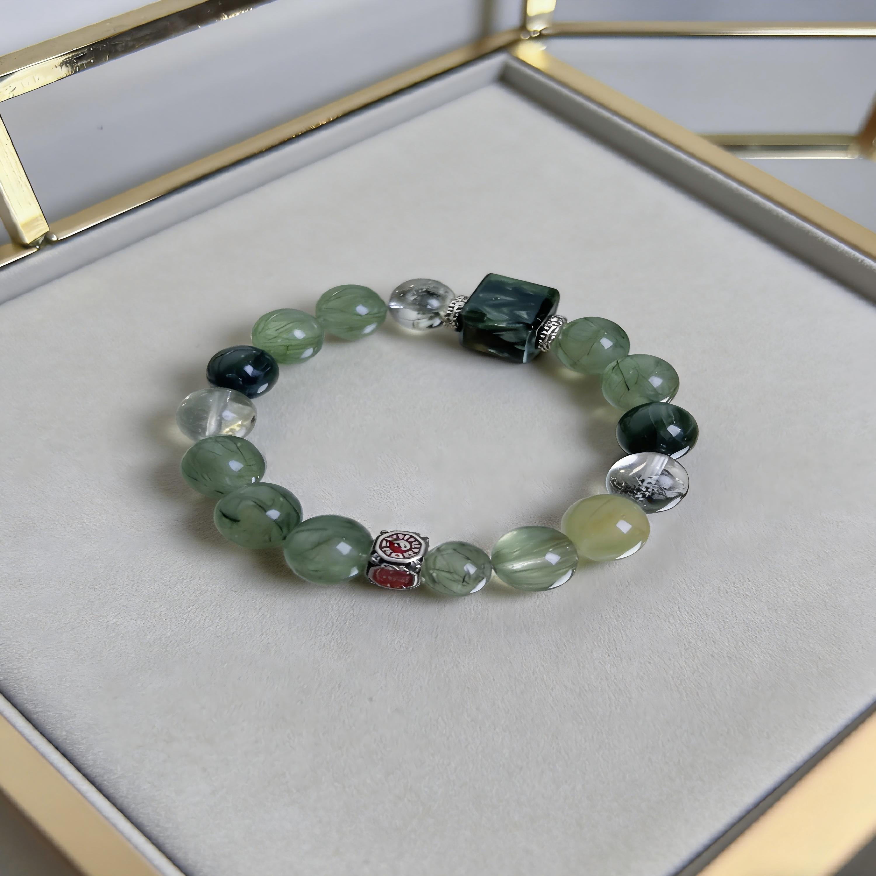 Natural Green Rabbit Hair Quartz Multi-Crystal Beaded Bracelet