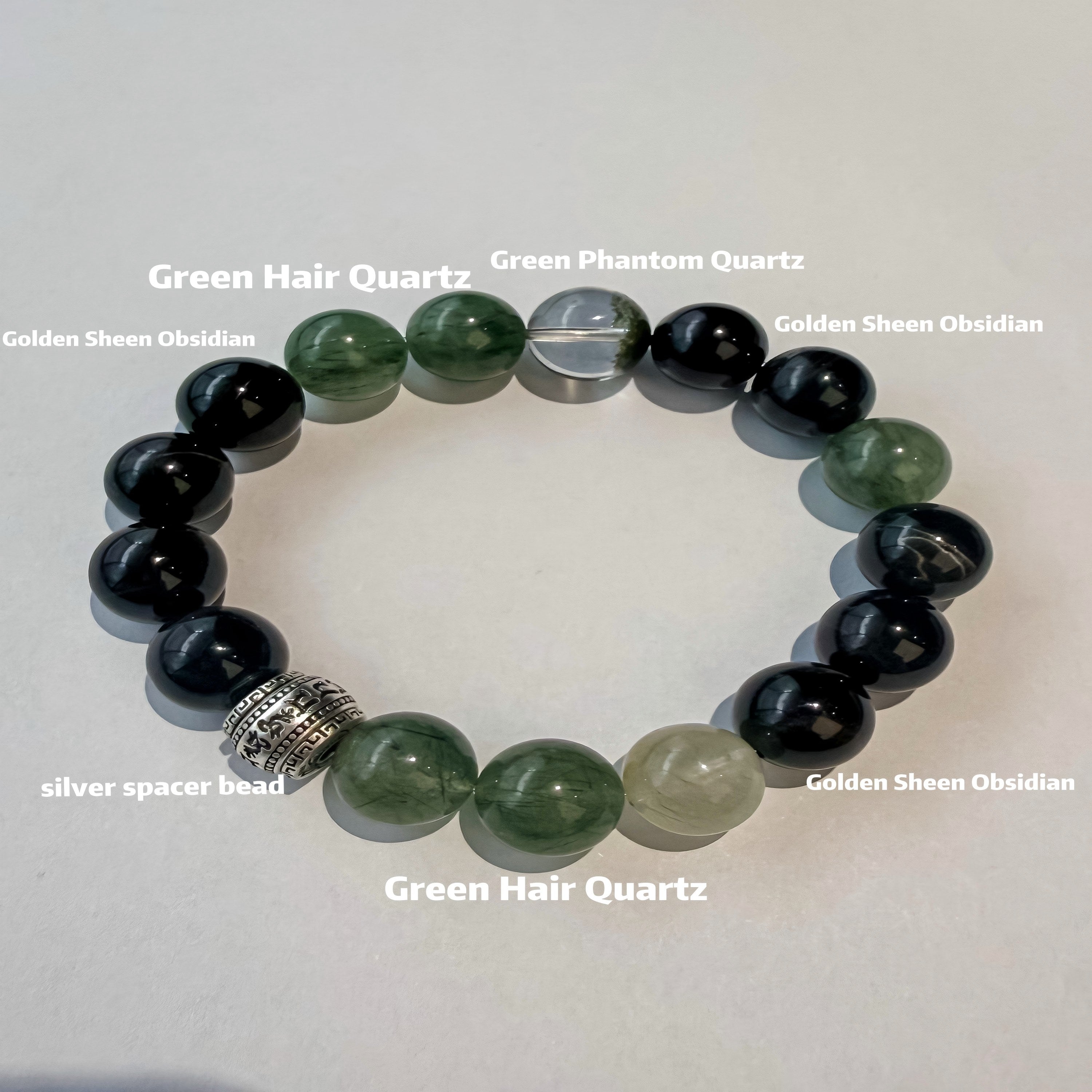 Natural Green Rutilated Quartz & Black Obsidian Harmony Bracelet with Silver Accent Bead