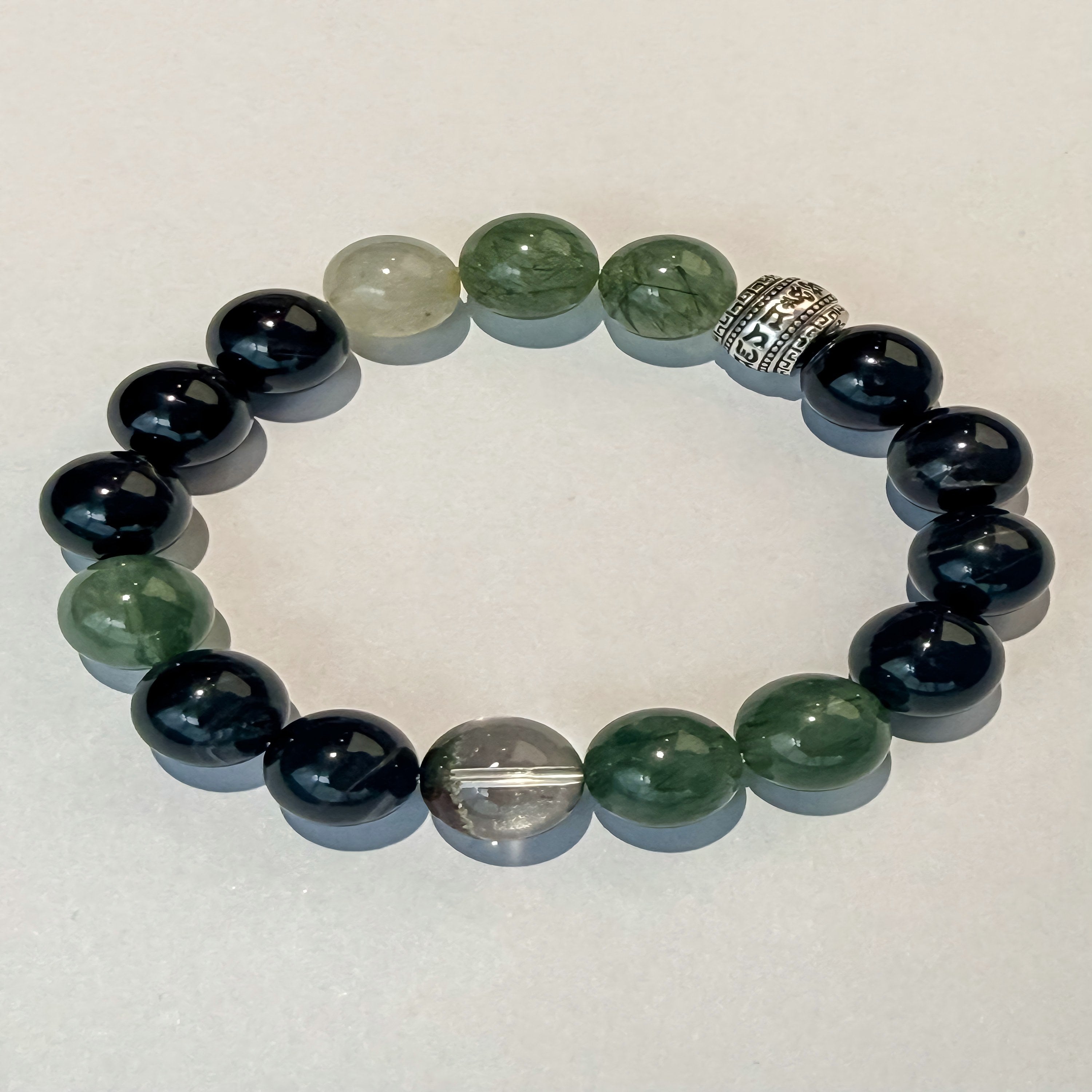 Natural Green Rutilated Quartz & Black Obsidian Harmony Bracelet with Silver Accent Bead