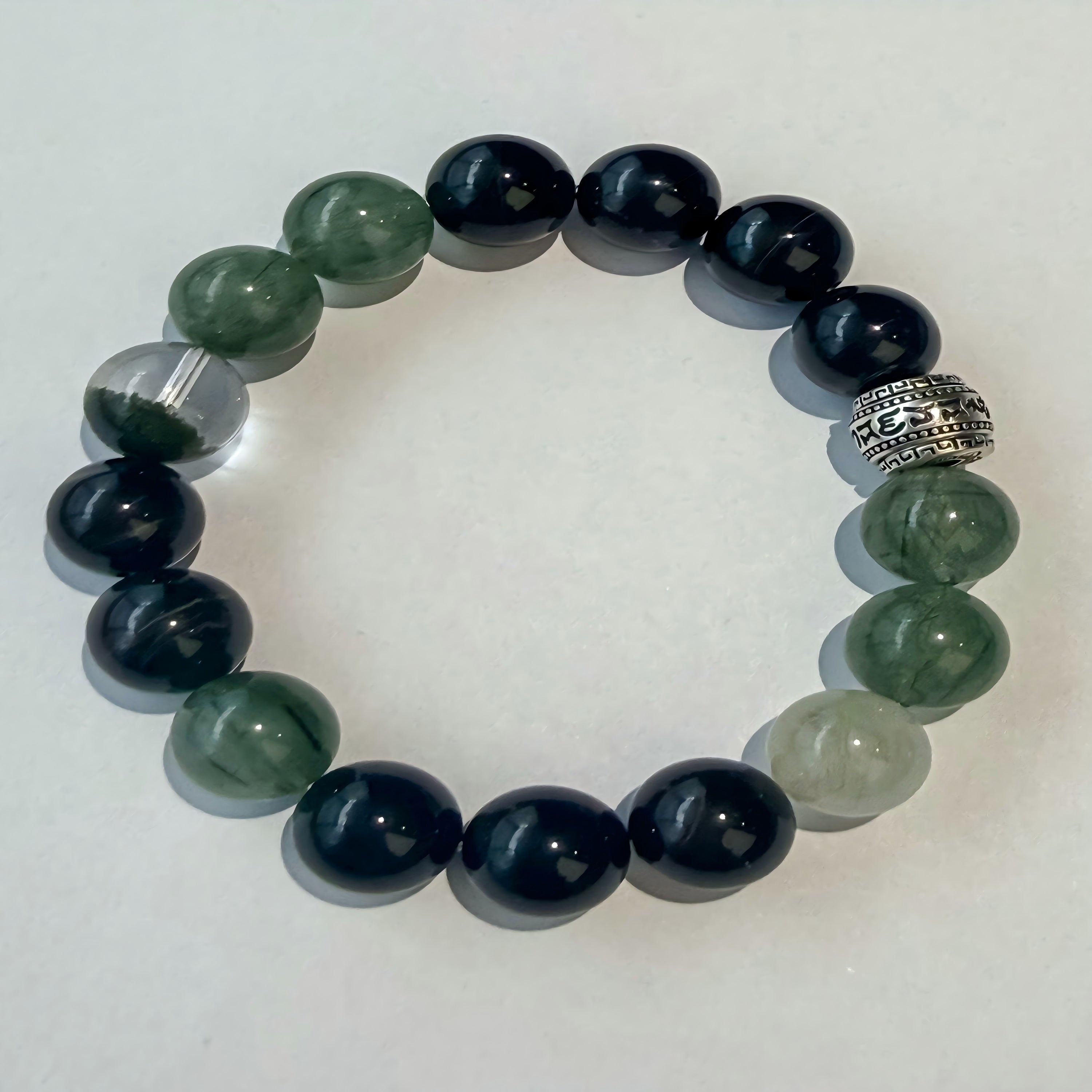 Natural Green Rutilated Quartz & Black Obsidian Harmony Bracelet with Silver Accent Bead