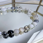 Natural Rabbit Hair Quartz, Black Rutilated Quartz, Clear Quartz, Map Stone & Golden Rutilated Quartz Beaded Bracelet with Silver Accents