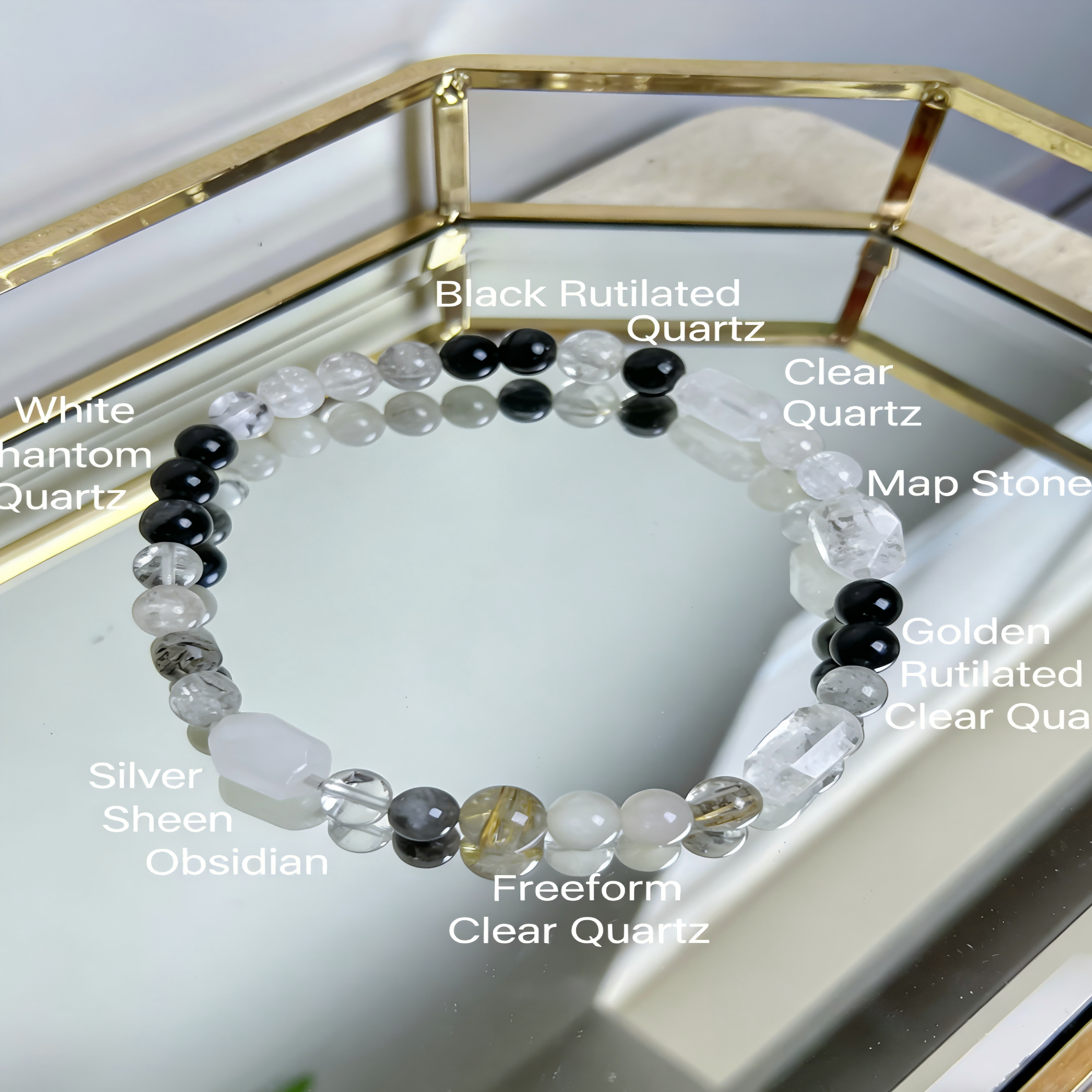 Natural Rabbit Hair Quartz, Black Rutilated Quartz, Clear Quartz, Map Stone & Golden Rutilated Quartz Beaded Bracelet with Silver Accents