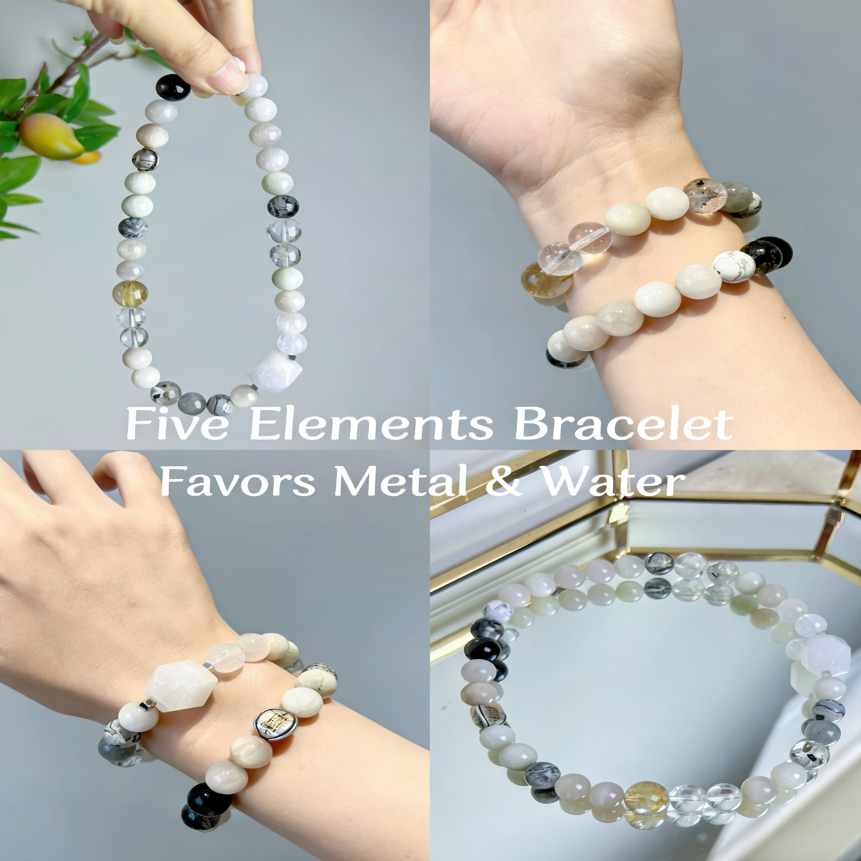 Natural Rabbit Hair Quartz, Black Rutilated Quartz, Clear Quartz, Map Stone & Golden Rutilated Quartz Beaded Bracelet with Silver Accents