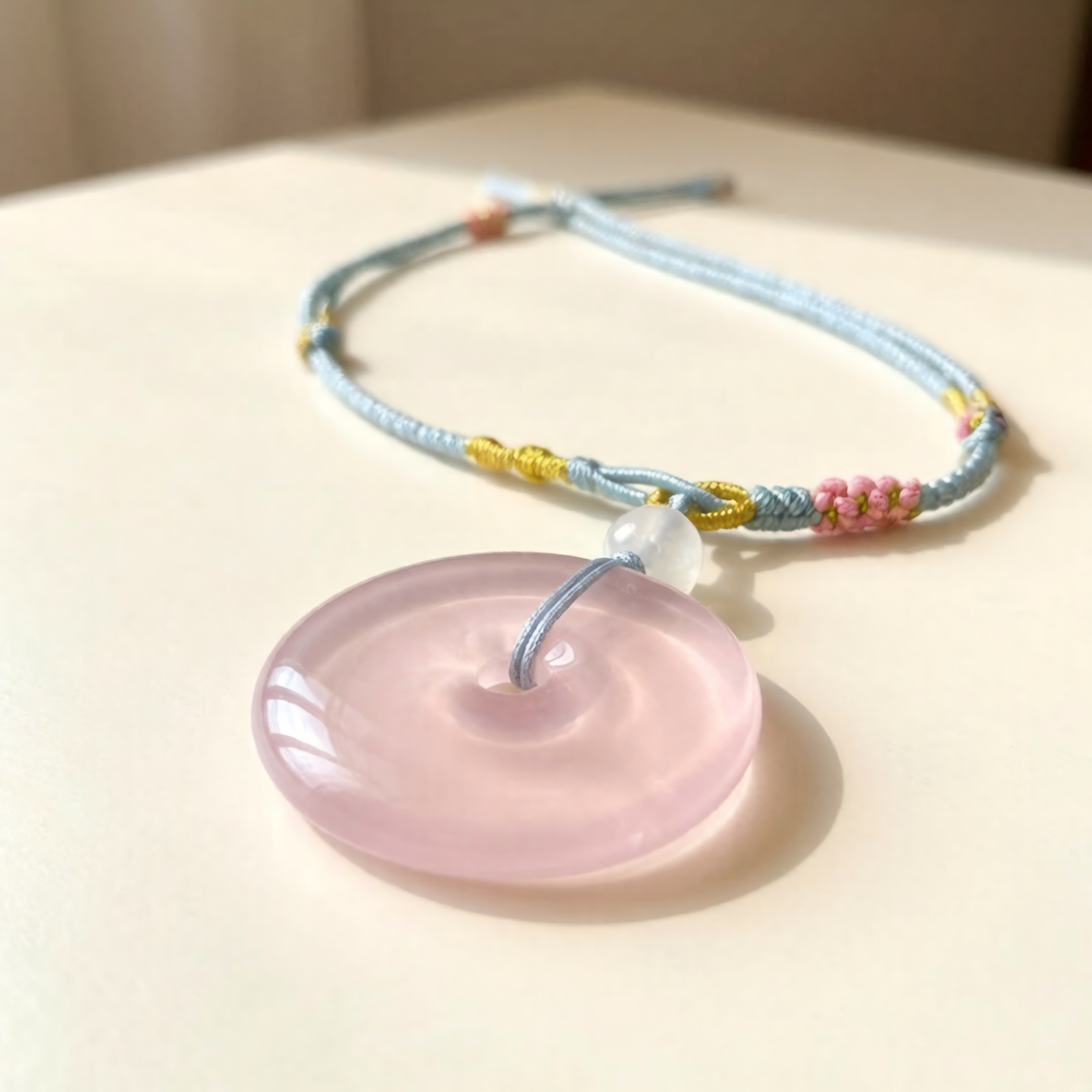 Rose Quartz Peace Symbol Pendant Necklace